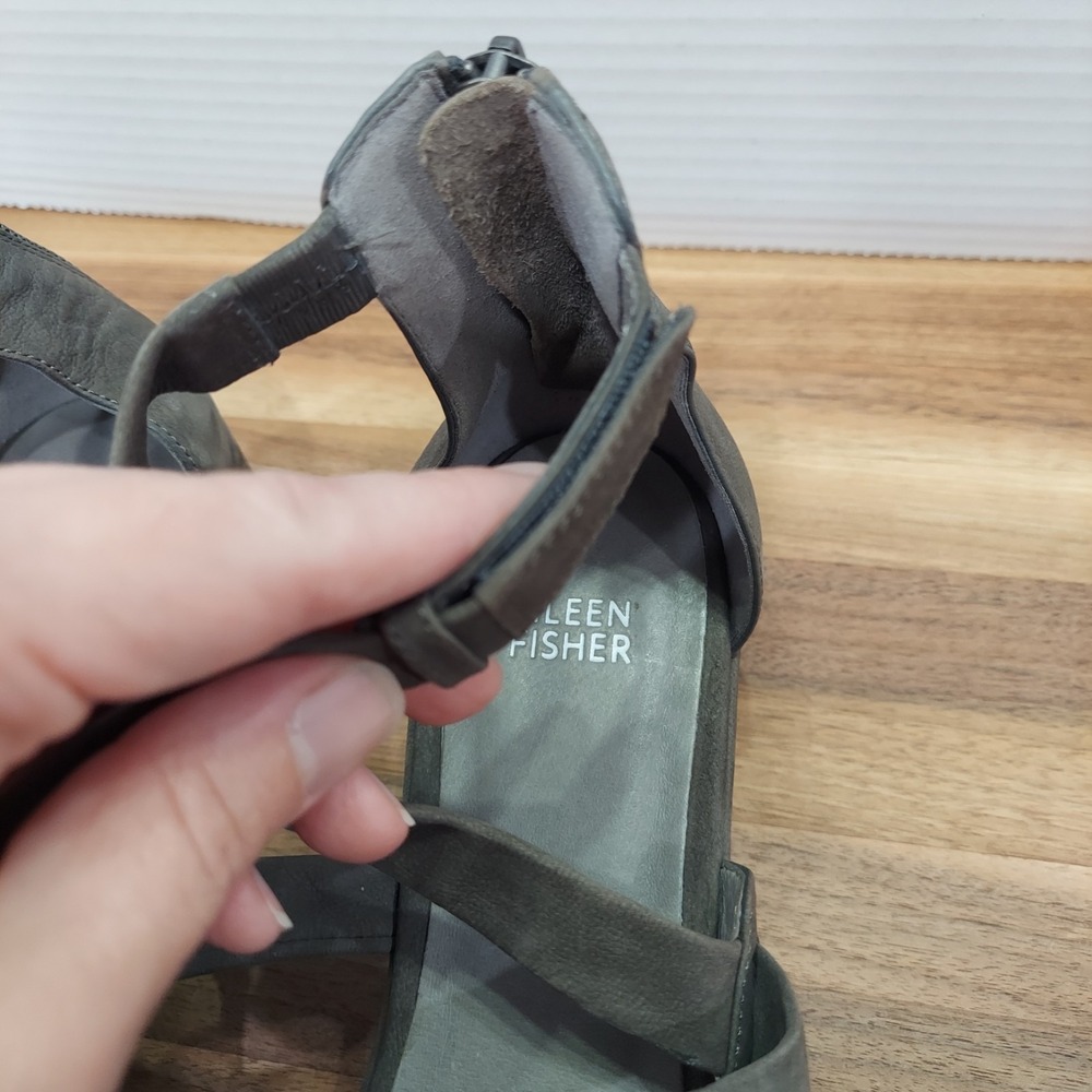Eileen Fisher Wedge Sandals Women's 10 Gray Leather Strappy Pointed Toe Zip Back - Picture 12 of 16